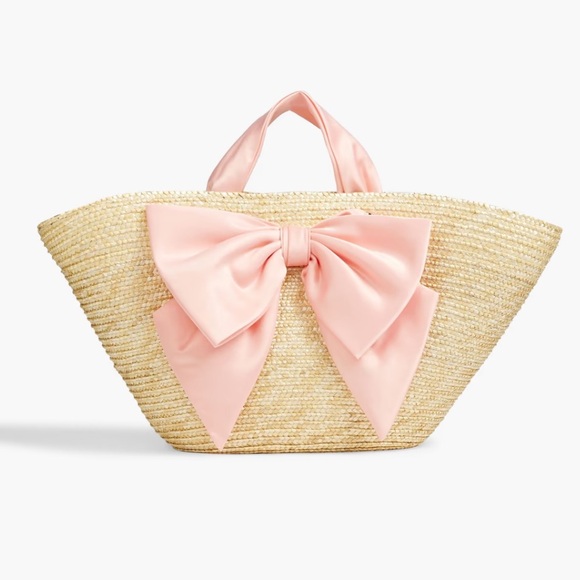 NEW EUGENIA KIM Carlotta Bow-embellished Straw Tote In Beige & Pink - Picture 1 of 9